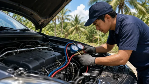 Foto teknisi mengukur tekanan freon AC mobil dengan manifold gauge di ruang mesin