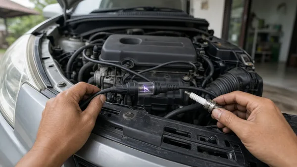 Foto kabel busi dan koil pada mesin bensin empat silinder
