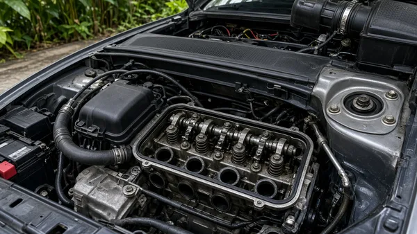 Foto tutup klep mesin dengan gasket karet baru siap dipasang