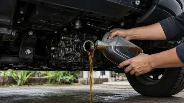 Foto mekanik membuka baut pengisian oli transmisi manual di bawah mobil kompak