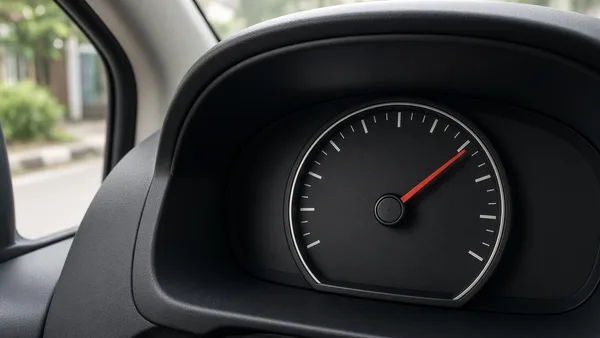 Foto panel instrumen mobil dengan jarum temperatur mesin di posisi tengah