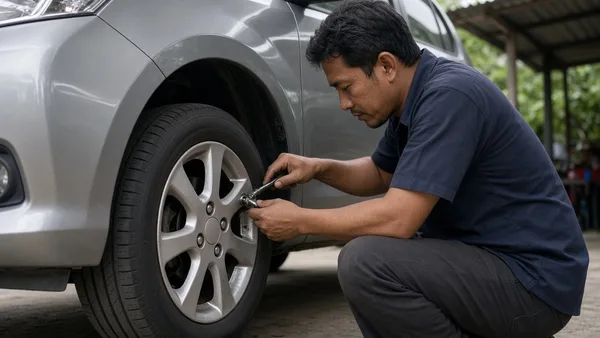 Foto mekanik menggoyang roda depan mobil kompak yang diangkat untuk memeriksa tie rod