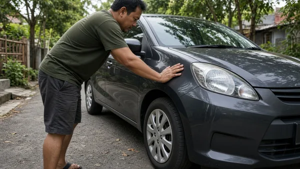 Foto tangan menekan bodi mobil kompak di atas roda untuk menguji shock absorber