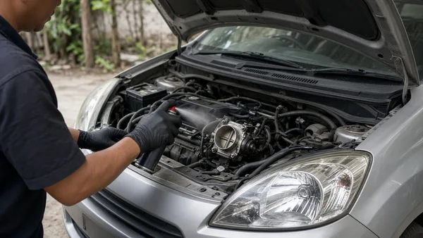 Foto throttle body dengan kerak hitam dibersihkan dengan kuas kecil