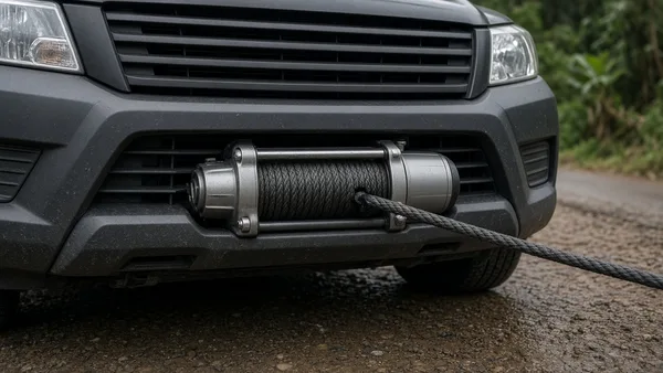 Foto winch listrik dengan tali sintetis terpasang di bumper depan pikap