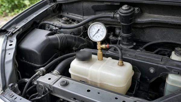 Foto teknisi memasang alat uji tekanan pada sistem pendingin sedan