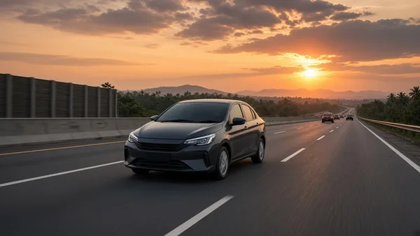 Foto sedan melaju dengan stabil di lajur kiri jalan tol pada siang hari