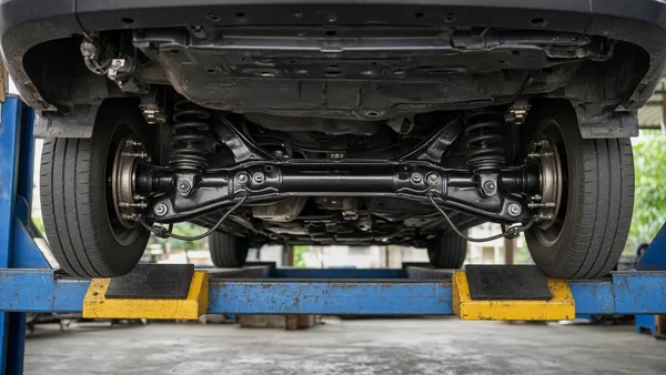 Foto suspensi belakang torsion beam dan bushing dilihat dari bawah sedan