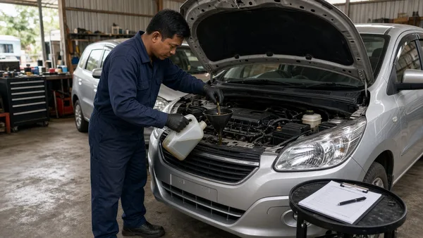 Foto mekanik menuang oli ke mesin MPV berwarna perak dengan kap terbuka di bengkel, disertai papan daftar periksa servis