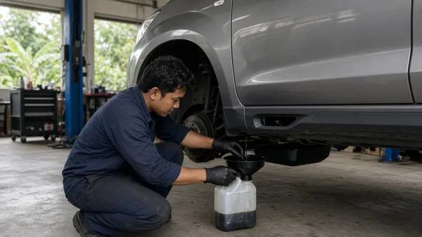 Foto mekanik mengganti oli MPV di bengkel yang bersih