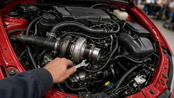 Foto ruang mesin mobil merah dengan turbocharger saat teknisi mengencangkan baut menggunakan kunci pas