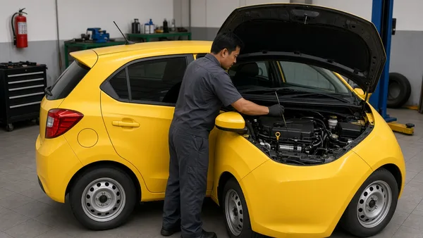 Foto mekanik merawat mesin city car kuning dengan kap terbuka di bengkel