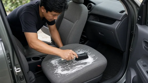 Foto jok kain mobil dibersihkan dengan penyedot debu dan sikat lembut