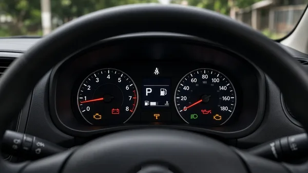 Foto panel instrumen mobil kompak dengan beberapa lampu indikator menyala saat kunci ON