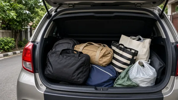 Foto bagasi hatchback berisi koper dan tas yang tersusun rapi