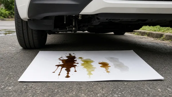 Foto selembar karton putih di bawah mobil dengan beberapa noda cairan berwarna