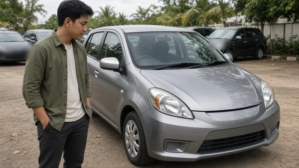 Foto city car hatchback bekas diperiksa di halaman rumah