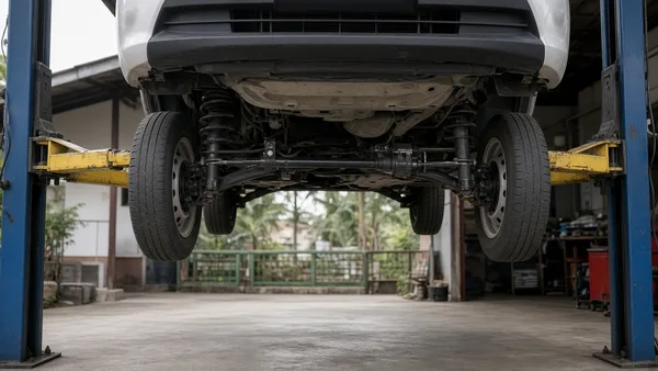 Foto komponen suspensi depan city car dilihat dari bawah di bengkel