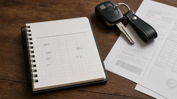Foto buku catatan anggaran perawatan mobil di samping kunci mobil dan nota servis di atas meja