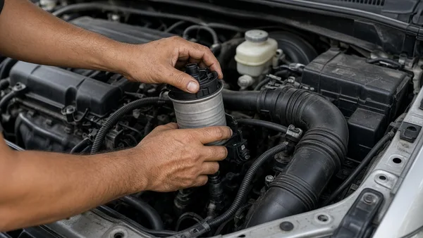 Foto tangan mekanik mengganti filter solar di ruang mesin diesel yang kompak