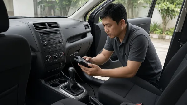 Foto teknisi menghubungkan scanner diagnostik di kabin MPV kompak dekat tuas transmisi
