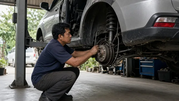 Foto mekanik memeriksa suspensi belakang MPV kompak yang diangkat di atas lift bengkel
