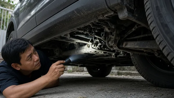 Foto SUV besar bekas diangkat di bengkel untuk diperiksa bagian bawahnya