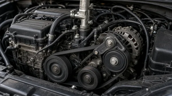 Foto belt aksesori serpentine dan pulley tensioner di depan mesin diesel