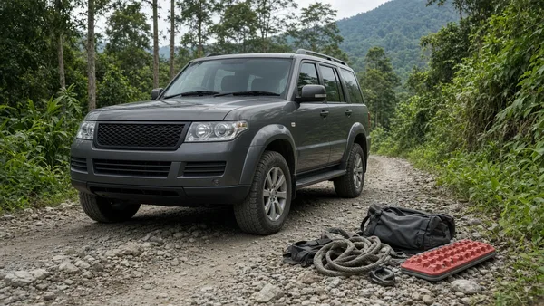 Foto SUV melintasi jalur tanah di perkebunan dengan pepohonan hijau di sekitarnya