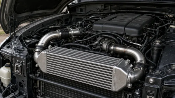 Foto intercooler di depan radiator SUV dengan sirip yang dibersihkan