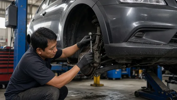 Foto mekanik memeriksa link stabilizer pada suspensi depan crossover yang diangkat