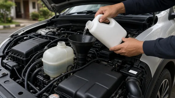 Foto tabung cadangan coolant sedang diisi di ruang mesin crossover