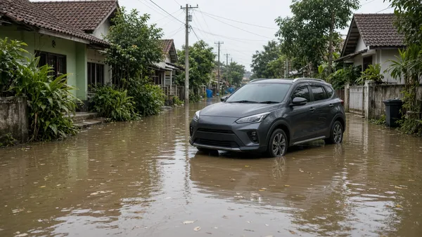 Foto crossover kompak terparkir di jalan perumahan yang tergenang setelah hujan