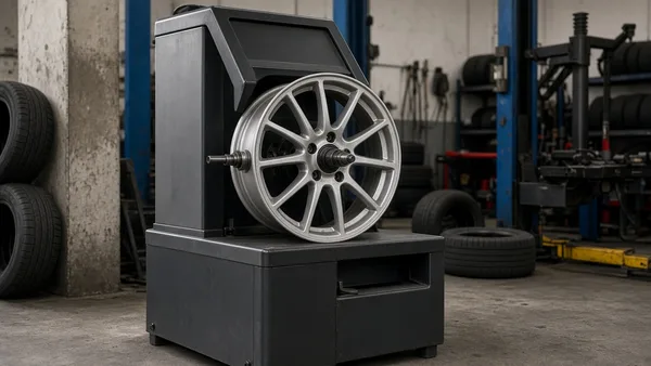 Foto mesin balancing roda dengan velg alloy di toko ban