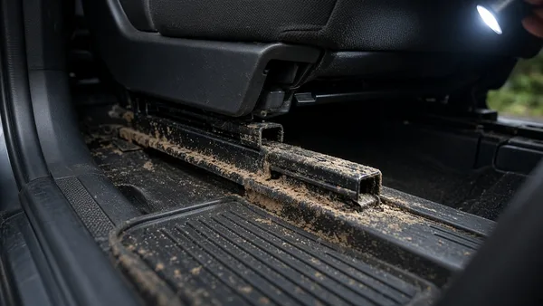 Foto karpet mobil diangkat memperlihatkan bekas lumpur dan karat di lantai
