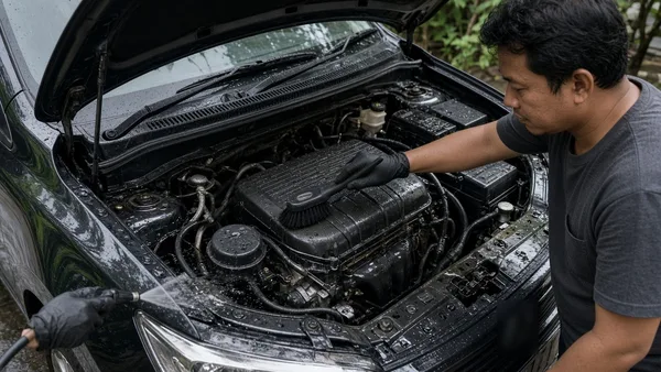 Foto ruang mesin mobil yang bersih setelah dicuci dengan hati-hati