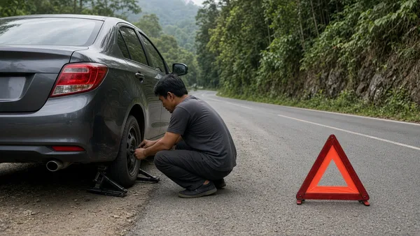 Foto pengemudi mengganti ban mobil di bahu jalan dengan segitiga pengaman terpasang