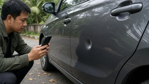 Foto pengemudi memotret kerusakan bumper mobil setelah tabrakan ringan